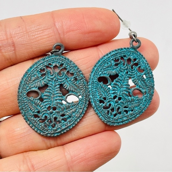 New Retro Earrings Drop Dangle Green Metal Boho Bohemian Round Big Rustic Hippie - Picture 5 of 6